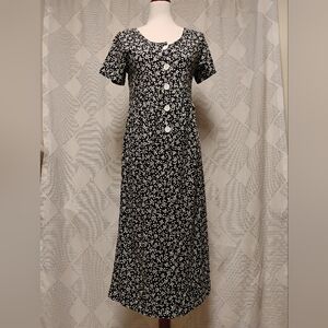 Vintage Leisure Life Floral Black and White Midi Dress Women's Size XS